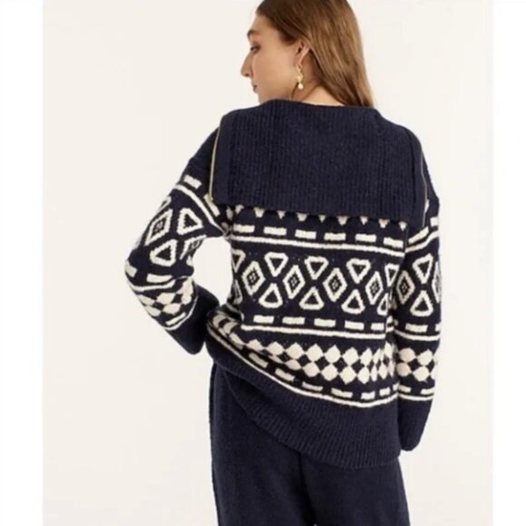 J. Crew Relaxed Half-Zip Sweater in Geometric Knit Blue and White Size XS/S - Picture 4 of 9